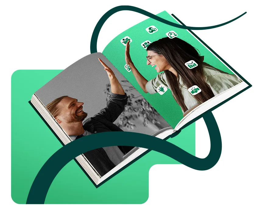 Un libro abierto con fotos de dos hombres chocando las manos y de una mujer sonriente, sobre un fondo verde